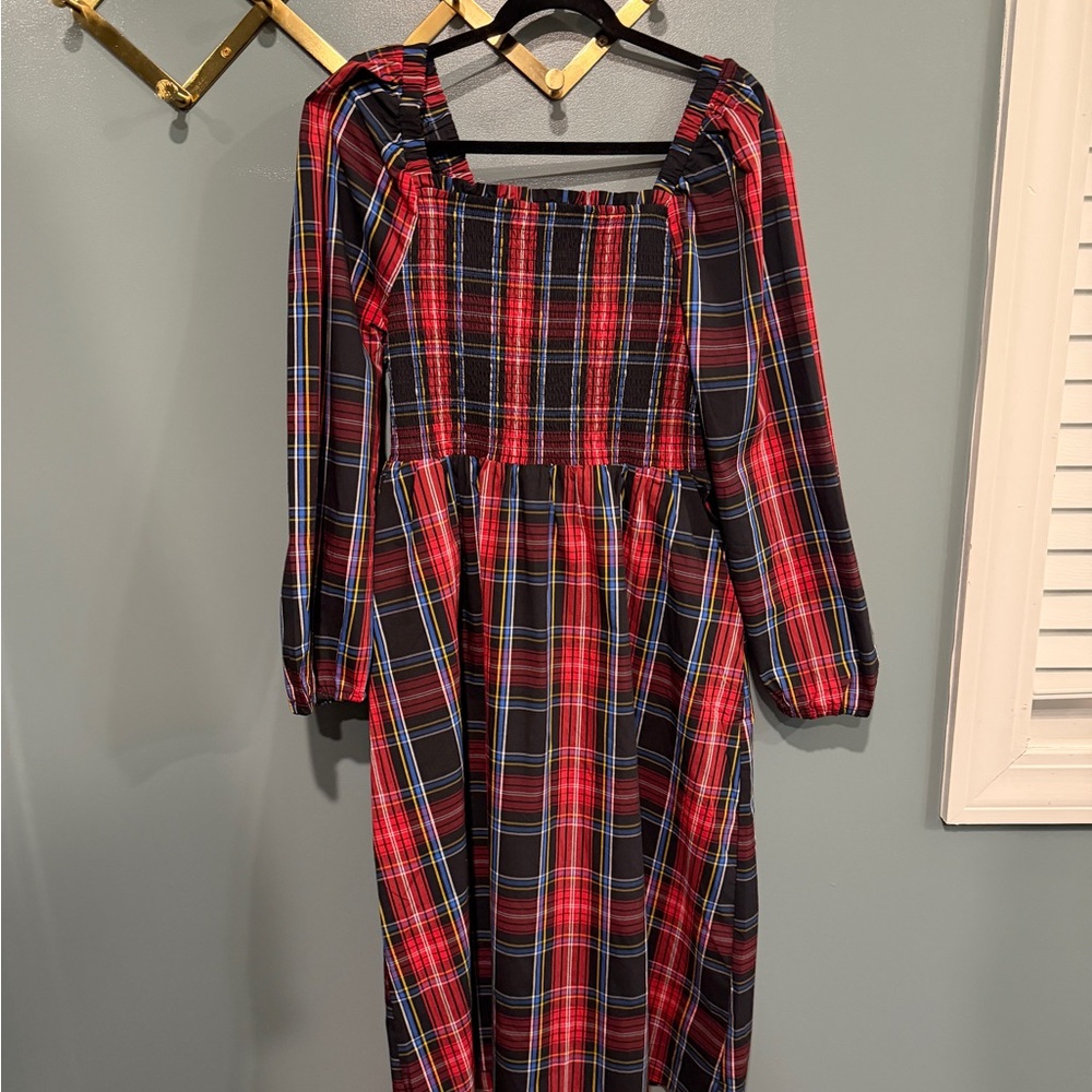 DRAPER JAMES Red and Black Plaid Long Sleeve Midi Dress